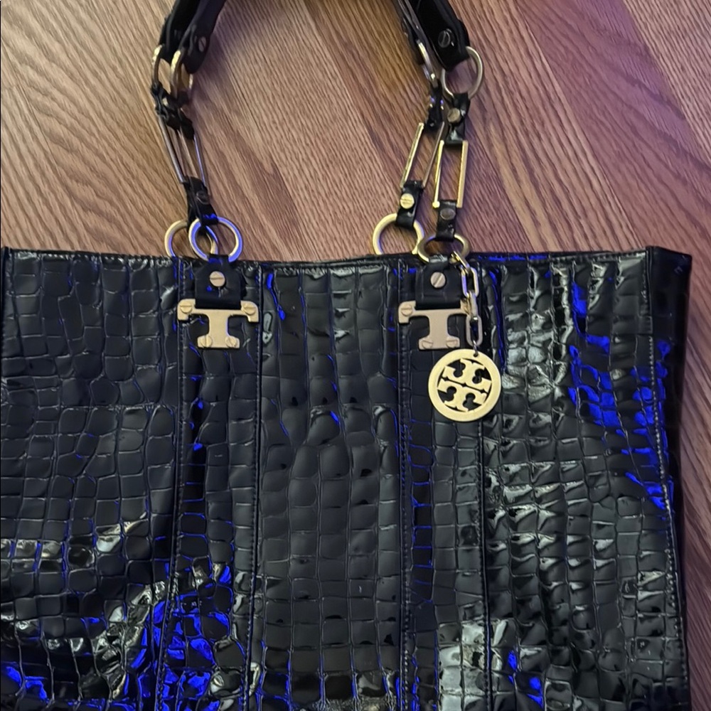 Tory Burch Black and Gold Tote with Textured Surface. Some cracks in the straps